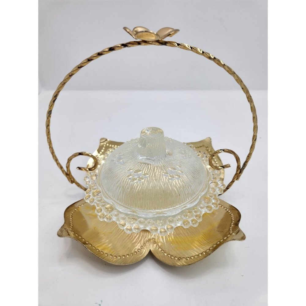 Glass Snack Bowl‎ With Lid Gold Colored Vintage Candy Dish